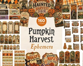 Pumpkin Harvest Halloween Ephemera Kit, Printable Fall Festival Tags & Labels for Scrapbooking, Spooky Vintage Junk Journal Inserts JJ007