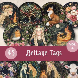 Etiquettes rondes Beltane, décoration printanière imprimable pour autel wicca, étiquettes cadeaux du sabbat païen, journal indésirable Wicca du 1er mai, éphémères du cercle des sorcières