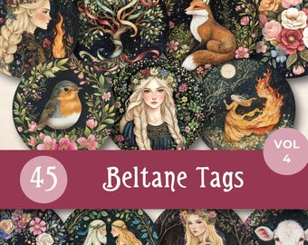 Ronde beltane-labels, afdrukbare lentewicca altaardecoratie, heidense Sabbat-cadeaulabels, May Day Wicca Junk Journal, efemere heksenkring