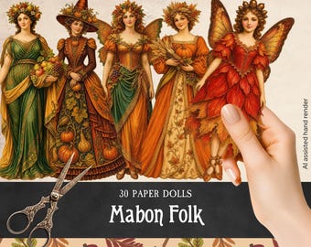 Papierpuppen zur Herbst-Tagundnachtgleiche, ausdruckbare Mabon-Sabbat-Vorlagen, Herbstwaldfeen-Ausschnitte, Scrapbooking zum Jahreskreis der Folklore