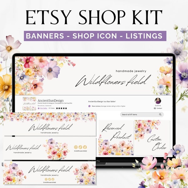 Etsy Branding Kit Wildflowers, Etsy Shop Banner Floral, Spring Store Graphics Design Bundle, Editable Canva Template, Minimal Flower Theme