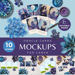 Maqueta de carta de oráculo, plantilla de Canva de baraja de oráculo azul y violeta, diseño plano espiritual con elementos PNG móviles, creador de escenas místicas de brujas