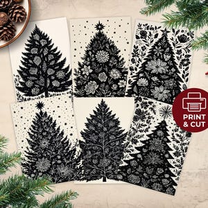 May include: A collection of six black and white Christmas tree designs, each with unique floral and botanical patterns. The designs are printed on cream-colored paper. A red circle with the words "PRINT & CUT" is visible.