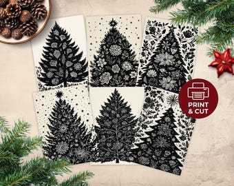 Set di biglietti di auguri natalizi con albero di Natale, auguri di Natale pagani stampabili, cartoline della foresta del solstizio d'inverno, stampe natalizie in linoleografia in bianco e nero con motivi naturali.