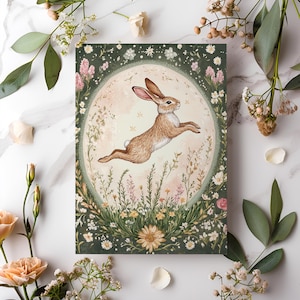 Ostara haas kaart afdrukbaar, lente-equinox wenskaart, heidense paashaas ansichtkaart, Eostre Rabbit Art Print, Easy Sabbat altaar decoratie