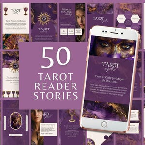 May include: A collection of 50 Tarot Reader Stories, displayed on a purple background. The image includes a smartphone showing a tarot card design, along with other tarot-themed graphics and text. The overall theme is mystical and spiritual.