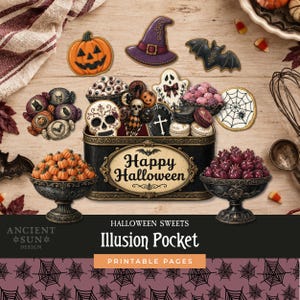 Może przedstawiać: Kolekcja papierowych wycinanek o tematyce Halloween, zawierająca czarny pojemnik z napisem Happy Halloween, wypełniony motywami czaszek, duchów i nietoperzy. Zawiera kształty dyń, kapeluszy czarownic i pajęczyn oraz miski z małymi pomarańczowymi dyniami.