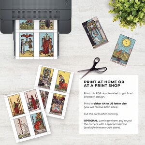 May include: Printable tarot card deck featuring colorful illustrations of the Major Arcana cards. The cards are printed on white paper and have a vintage aesthetic. The image also includes instructions for printing and laminating the cards at home or at a print shop.