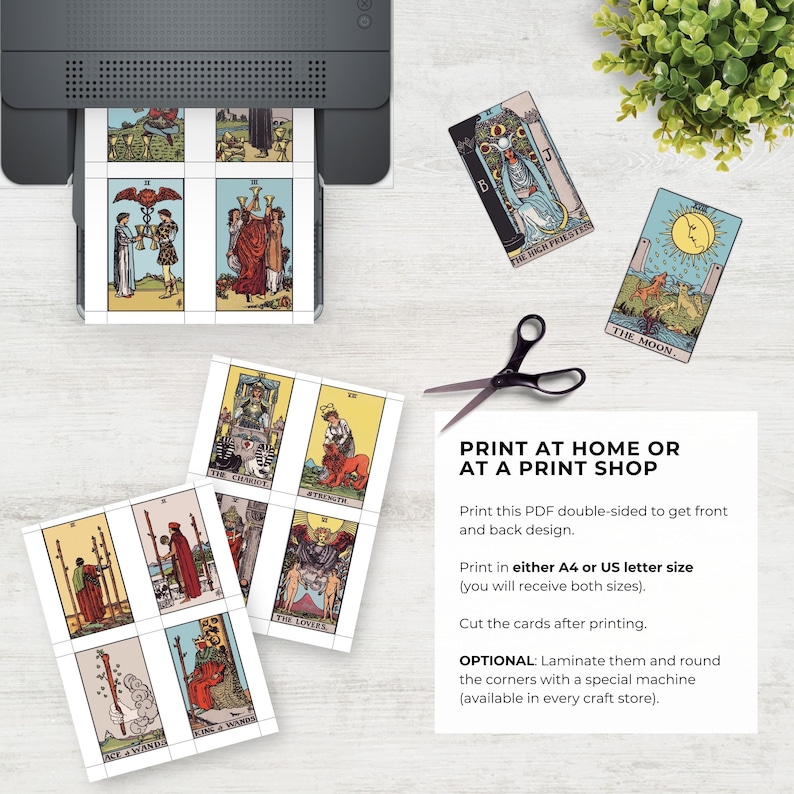 May include: Printable tarot card deck featuring colorful illustrations of the Major Arcana cards. The cards are printed on white paper and have a vintage aesthetic. The image also includes instructions for printing and laminating the cards at home or at a print shop.