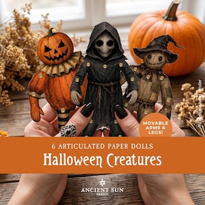 May include: Six articulated paper dolls featuring Halloween creatures including a pumpkin-headed figure, a hooded skeleton, and a scarecrow. The dolls have movable arms and legs, and the set is titled 6 Articulated Paper Dolls Halloween Creatures.