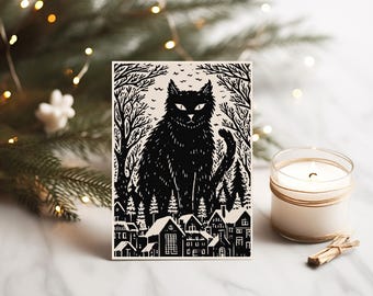 Tarjeta navideña con gato de Yule, postal pagana imprimible del solsticio de invierno, tarjeta de felicitación navideña alternativa, estampado animal del folclore islandés