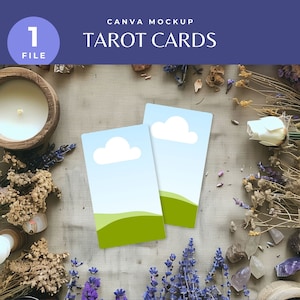 Maqueta de cartas del tarot con hierbas y flores secas, plantilla de Canva para lectura de tarot, baraja de tarot de arrastrar y soltar, diseño plano de brujas para negocios espirituales