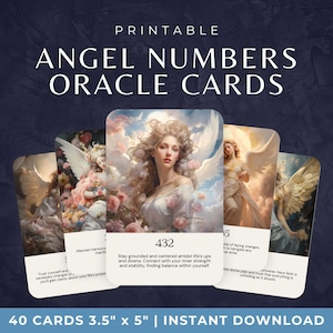 Baraja de cartas del oráculo de los números de ángeles, cartas imprimibles con ángeles, herramienta de manifestación con temas celestiales, mensajes de guías espirituales, descarga digital