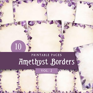 Cadres de journal indésirable améthyste, bordures de pages de grimoire pierres précieuses violettes, papier imprimable vierge cristal mystique, pack de scrapbooking numérique