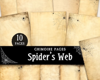 May include: Ten printable pages with a distressed, aged paper texture and black spiderwebs and spiders. The pages are labeled "Grimoire Pages Spider's Web".