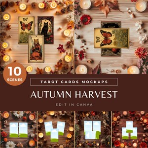 Maqueta de cartas de tarot para otoño, plantillas de Canva de otoño para lectura de tarot, fondo digital rústico y diseño plano de madera cálido para negocios espirituales