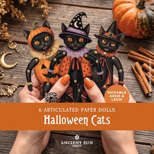 Può includere: Sei bambole di carta articolate raffiguranti gatti neri vestiti con costumi di Halloween, inclusi abiti da zucca e da strega con cappelli. I gatti hanno braccia e gambe mobili. Testo: 6 ARTICULATED PAPER DOLLS Halloween Cats.