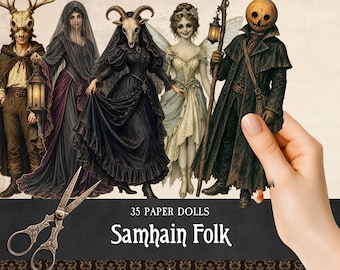 Pagan Halloween Characters Paper Dolls, Printable Samhain Creatures Fussy Cuts, Wiccan Sabbat Ephemera, Spooky Grimoire Scrapbooking Kit