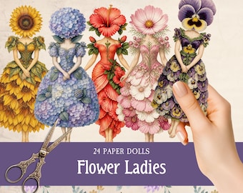 Flower Fairies Paper Dolls, Printable Floral Women Fussy Cuts, Whimsical Botanical Ephemera for Scrapbooking, Fantasy Fairytale Fae Cutouts