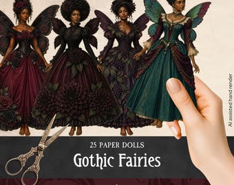 Gothic Fairies Paper Dolls, Printable African American Fairytale Fussy Cuts, Dark Fantasy Romance Characters for Scrapbooking & Junk Journal