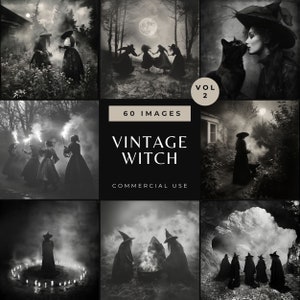 ビンテージ魔女の写真、白黒のビクトリア朝の異教徒のジャンクジャーナル、神秘的な女性とのゴシックハロウィーンの画像、オカルト魔術の写真