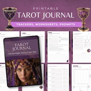 May include: A digital tarot journal with trackers, worksheets, and prompts. The cover features a woman in purple with the text "Tarot Journal". The image includes two decorative chalices and several pages with layouts for tarot readings.