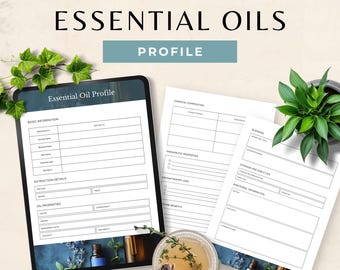 Páginas de perfil de óleos essenciais, ficha informativa de aromaterapia para impressão, caderno de organização de óleos digitais e misturas de ervas, modelo do Canva