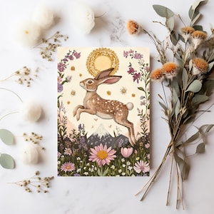 Spring Equinox Card Printable, Ostara Hare Greeting Card, Pagan Easter Bunny Postcard, Whimsical Rabbit Art Print, Sabbat Altar Decoration