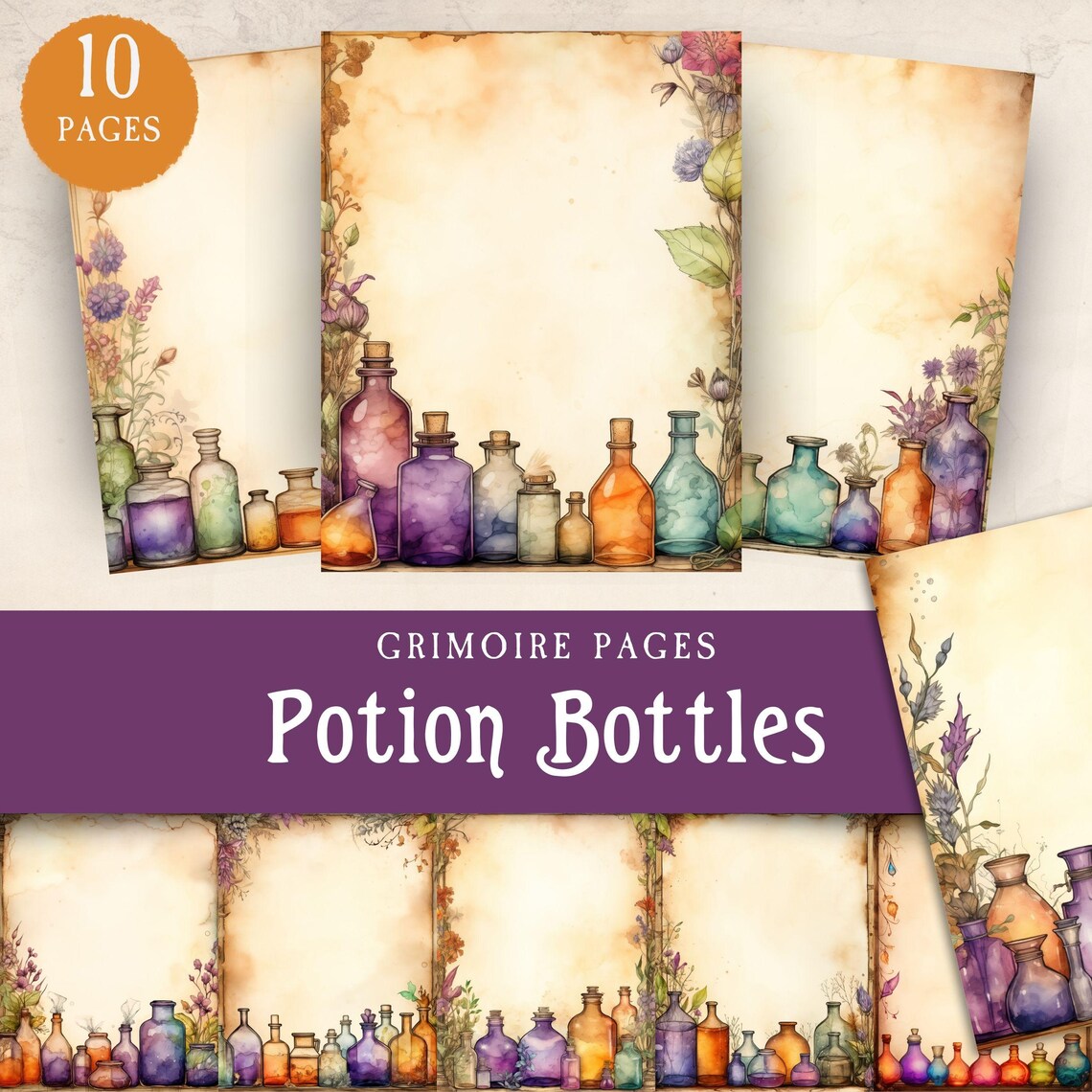 Potions Bottles Junk Journal, Magic Elixir Border Grimoire Pages ...