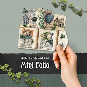 Puede incluir: Un Mini Folio de Castillo Medieval, con un collage de ilustraciones con temática de castillo. El diseño incluye imágenes de muros de piedra, una vidriera, una corona y un escudo. El texto "Castle Record" y "Ye Old Passage" son visibles.