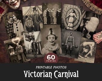 Halloween Carnival Vintage Photos, Printable Spooky Victorian Circus Images, Creepy Clowns Wall Art, Gothic Horror Ephemera for Scrapbooking