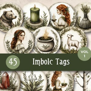 Etiquetas redondas de Imbolc, decoración vintage imprimible para altar sabático, etiqueta rústica para regalo wiccan, efímera pagana de círculos de Brigid para scrapbooking de brujería.