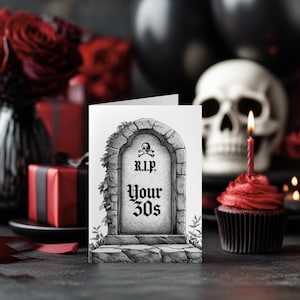 Tarjeta gótica de 40 cumpleaños, divertida tarjeta imprimible para él, deseos alternativos para cumplir 40 años, tarjeta emo gótica de humor negro para los 30
