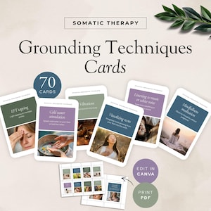Może przedstawiać: Zestaw kart z technikami uziemiania z tekstem "Grounding Techniques Cards" i "70 Cards". Karty przedstawiają różne techniki, w tym EFT tapping, stymulację zimną wodą i wizualizację korzeni. Widoczne są również słowa "Edit in Canva" i "Print PDF".