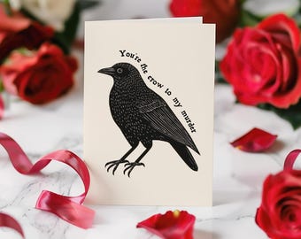 Crow Valentine&#39;s Card Printable, Witchy Gothic Postcard for Bird Lover, Alternative Dark Goth Greeting Card, Unique Couples Anniversary Gift