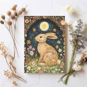Biglietto stampabile equinozio di primavera, biglietto di auguri lepre di Ostara, cartolina coniglietto pasquale pagano, stampa artistica coniglio stravagante, decorazione altare Sabbat