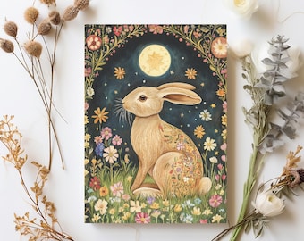 Spring Equinox Printable Card, Ostara Hare Greeting Card, Pagan Easter Bunny Postcard, Whimsical Rabbit Art Print, Sabbat Altar Decoration