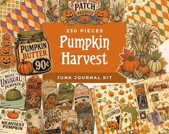 Pumpkin Harvest Halloween Junk Journal Kit, Printable Fall Festival Tags & Labels for Scrapbooking, Vintage Autumn Digital Papers JJ007