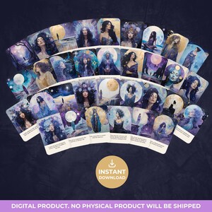 May include: A collection of rectangular oracle cards featuring diverse illustrations of figures in celestial and lunar settings, with printed affirmations at the bottom of each card. The cards are arranged in a fan shape against a dark background.