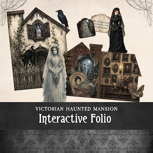 Interaktivt folio-kit med spökhus, utskrivbart Halloween-papperspyssel, digitalt scrapbookingprojekt för viktoriansk herrgård med fickor och flikar