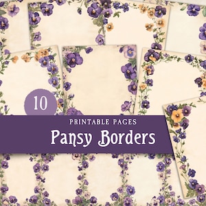 Bordures de journal indésirable pensées, fleurs de printemps, pages vierges du grimoire, cadres imprimables pensées violettes Ostara, paquet de papier pour scrapbooking numérique