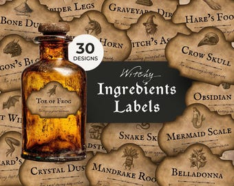 Apothecary Bottles Labels Fussy Cuts, Printable Witchy Potion Ingredients Tags, Halloween Party Decor, Spooky Gothic Birthday Accessories