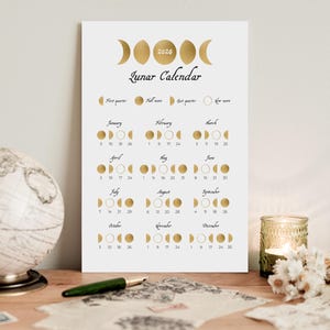 Maanfasekalender 2026, afdrukbare maankalender pdf, één pagina minimalistische jaarlijkse maancyclus print, gouden maan grafiek astrologie muurposter