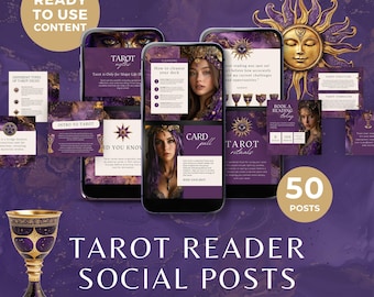 Tarotlezer sociale media canva-sjablonen, paarse en gouden tarot tarot lezen Instagram-posts portret, heksachtig spiritueel bedrijf Facebook-feed