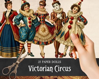 Victorian Carnival Paper Dolls, Printable Vintage Circus Fussy Cuts, Whimsical Clowns & Acrobats Ephemera, Harlequin Masquerade Scrapbooking