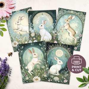 Juego de tarjetas de Ostara, tarjeta de felicitación imprimible de liebre de equinoccio de primavera, postal pagana de conejo de Pascua, lámina artística de conejo blanco, decoración de altar de Sabbat