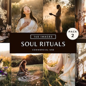 Peut inclure: Un collage d'images sur le thème spirituel. L'image centrale affiche le texte "SOUL RITUALS" et "COMMERCIAL USE". D'autres images montrent des femmes dans la nature, avec des bougies, de l'encens et des cristaux, évoquant la méditation et la sérénité.