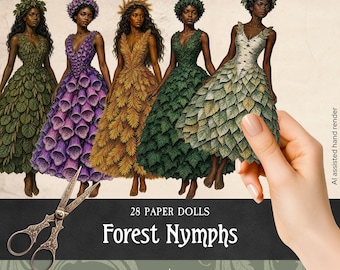 Forest Fairies African American Paper Dolls, Printable Black Women Fairytale Fussy Cuts, Whimsical Fantasy Characters for Scrapbooking