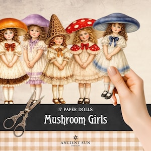 Mushroom Girls Paper Dolls, Printable Fantasy Forest Fussy Cuts, Cottagecore Toadstool Fairies Ephemera, Cute Woodland Characters Cutouts
