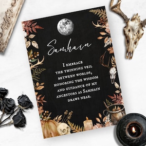 Tarjeta de altar de Samhain, ritual imprimible de la Rueda del Año, impresión pagana de Halloween, decoración sabática para brujas, Libro de las Sombras y páginas de grimorio